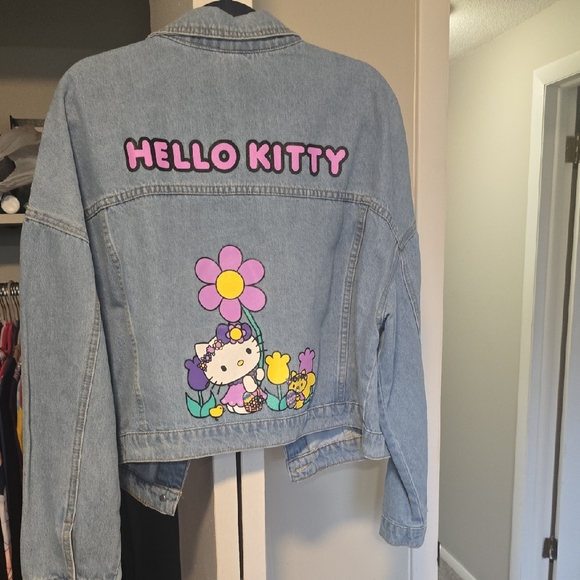 Hello Kitty Jackets & Blazers - Hello Kitty Light Blue Denim Jacket with Pink Logo and Multi-Color Floral Art